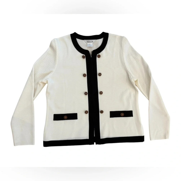 MISOOK White & Black Zip Jacket Cardigan with Brown/Brass Button Detail Size M - Picture 2 of 10